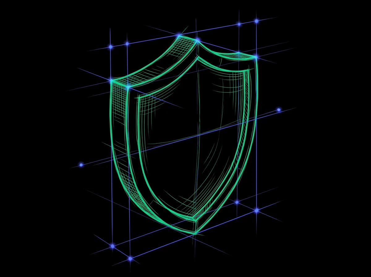 Escudo dibujado en líneas luminosas, con volumen y trama de construcción