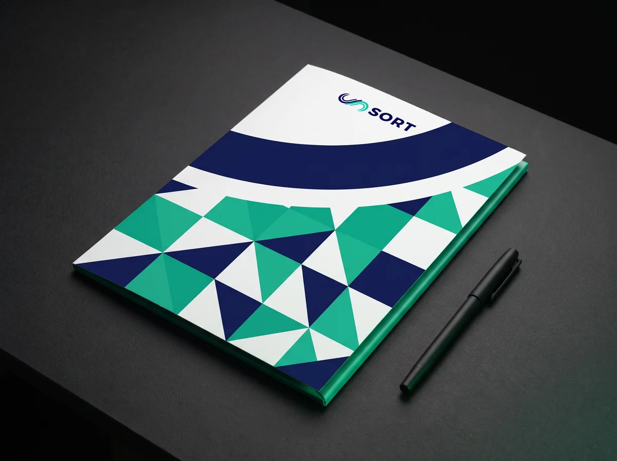 Carpeta institucional de SORT Consulting sobre un escritorio oscuro, con el mosaico de triángulos verde y navy de la marca