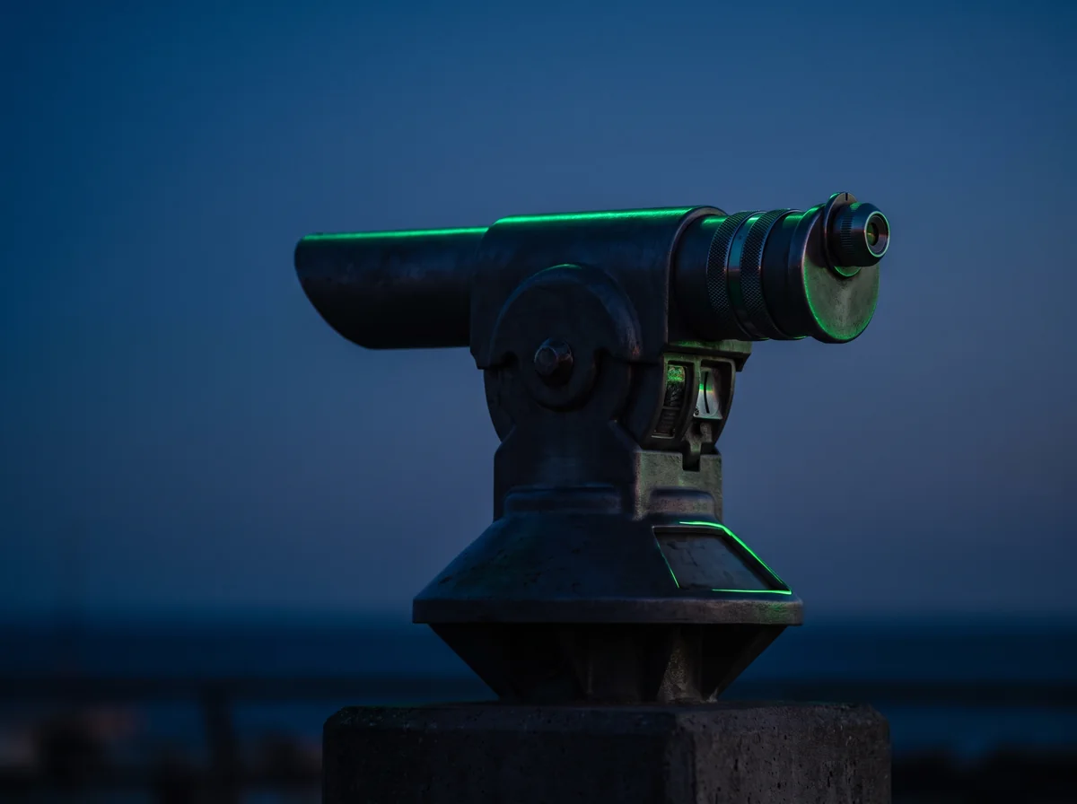 Telescopio mirador recortado contra un cielo azul profundo, con luz verde en su borde